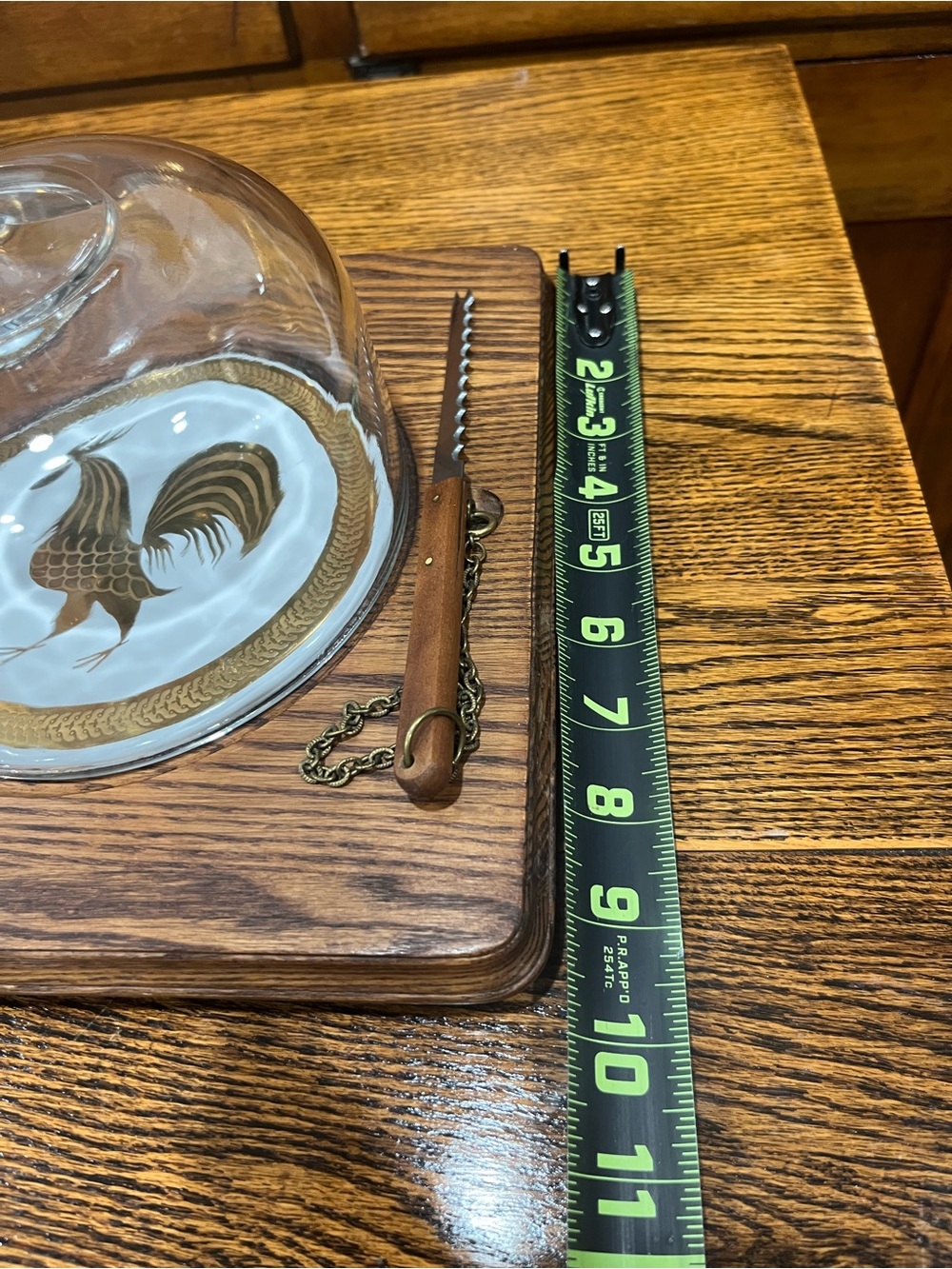Vintage MCM Wooden Cheeseboard with Glass Dome & Rooster Design Cottagecore Farm - Picture 3 of 6